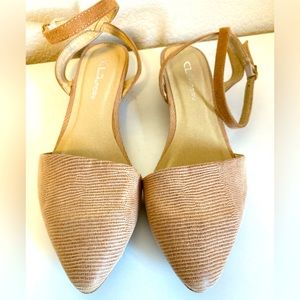 Tan snakeskin textured vegan leather sling back pointy toe dress shoe Sz 10